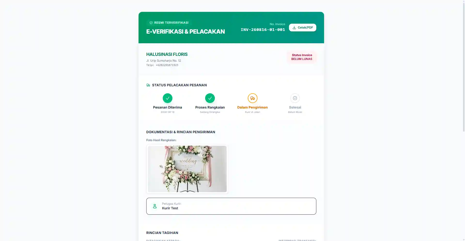 Tampilan E-Verifikasi dan Pelacakan Pesanan Invoice Toko Bunga