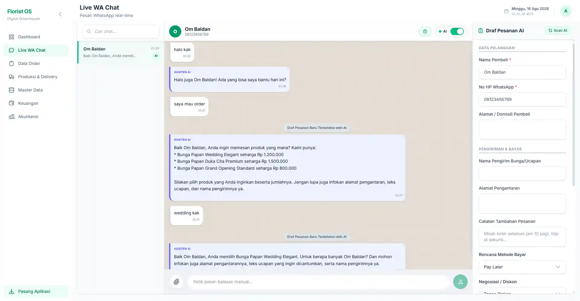 Tampilan Live WA Chat dan Draf Pesanan Otomatis Florist ERP